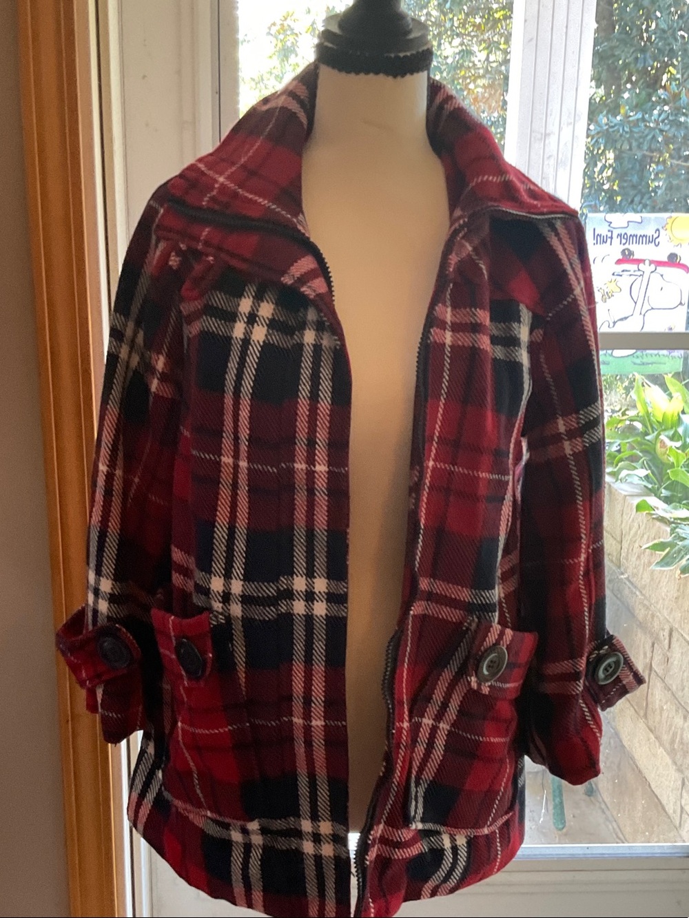 Rue21 red black plaid Mid Length Zip up Pea CoatJacket